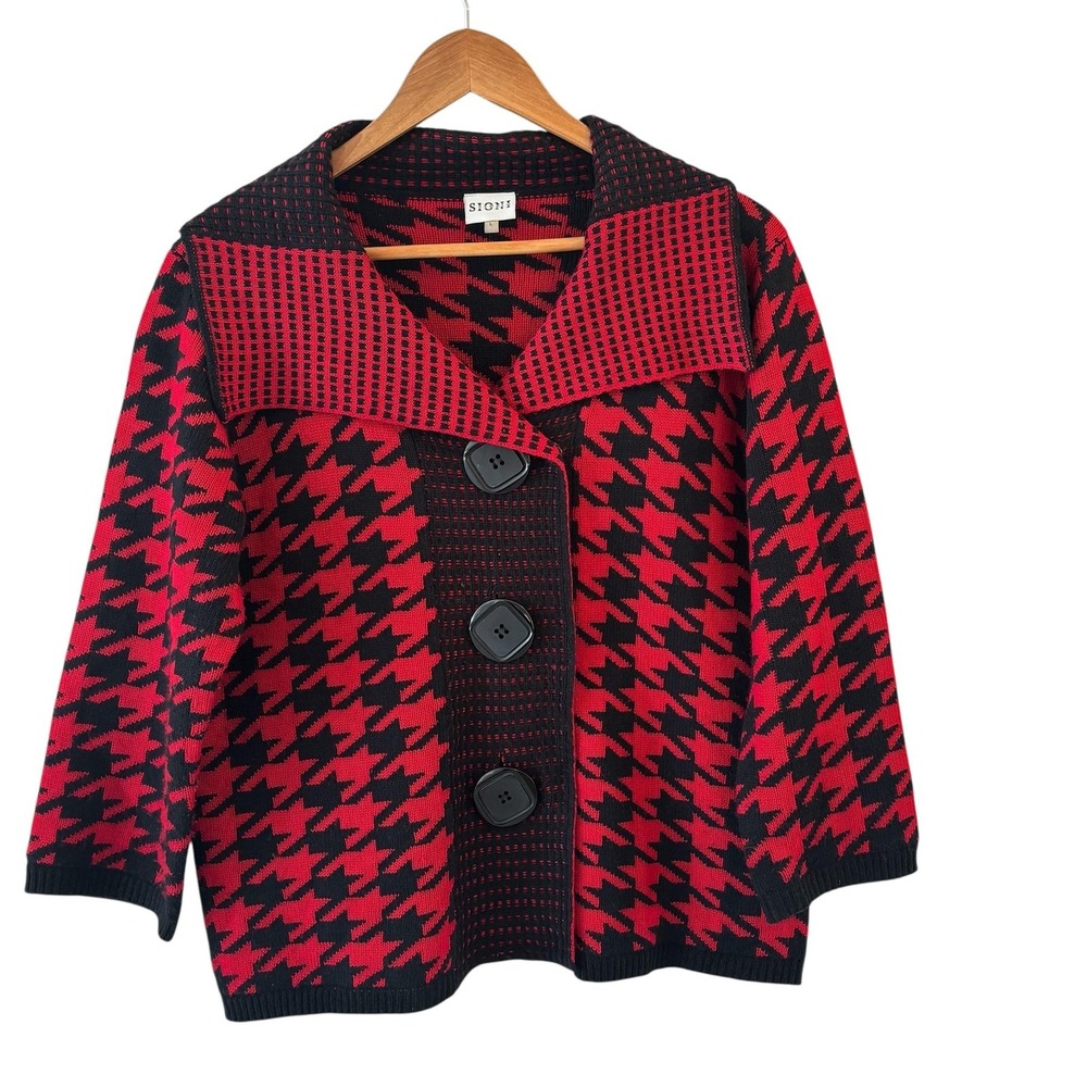Sioni Red Black Houndstooth Cardigan‎ Sweater Womens Size L Maximalist Artsy